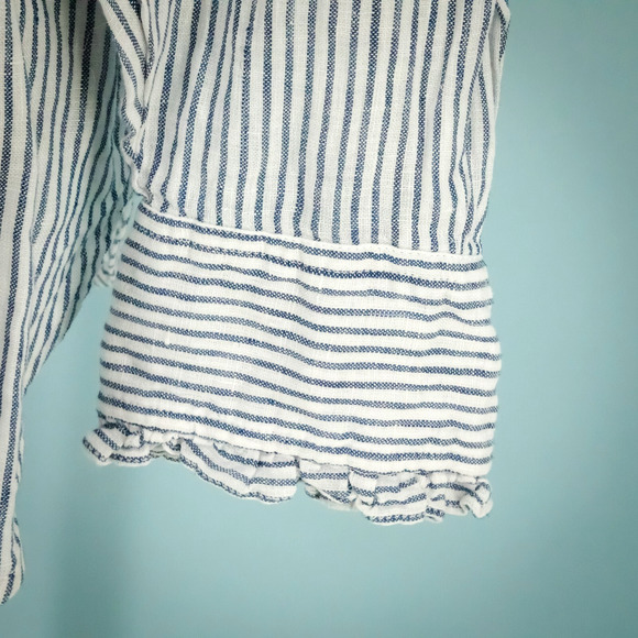 WYSE 5 Size 12 US Paris Linen Stripe Frill Ruffle Button Long Sleeve Top Blouse - Picture 4 of 8